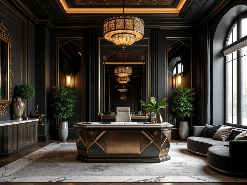 Luxurious Art Deco office with geometric patterns and metallic accents | FoliPlace design