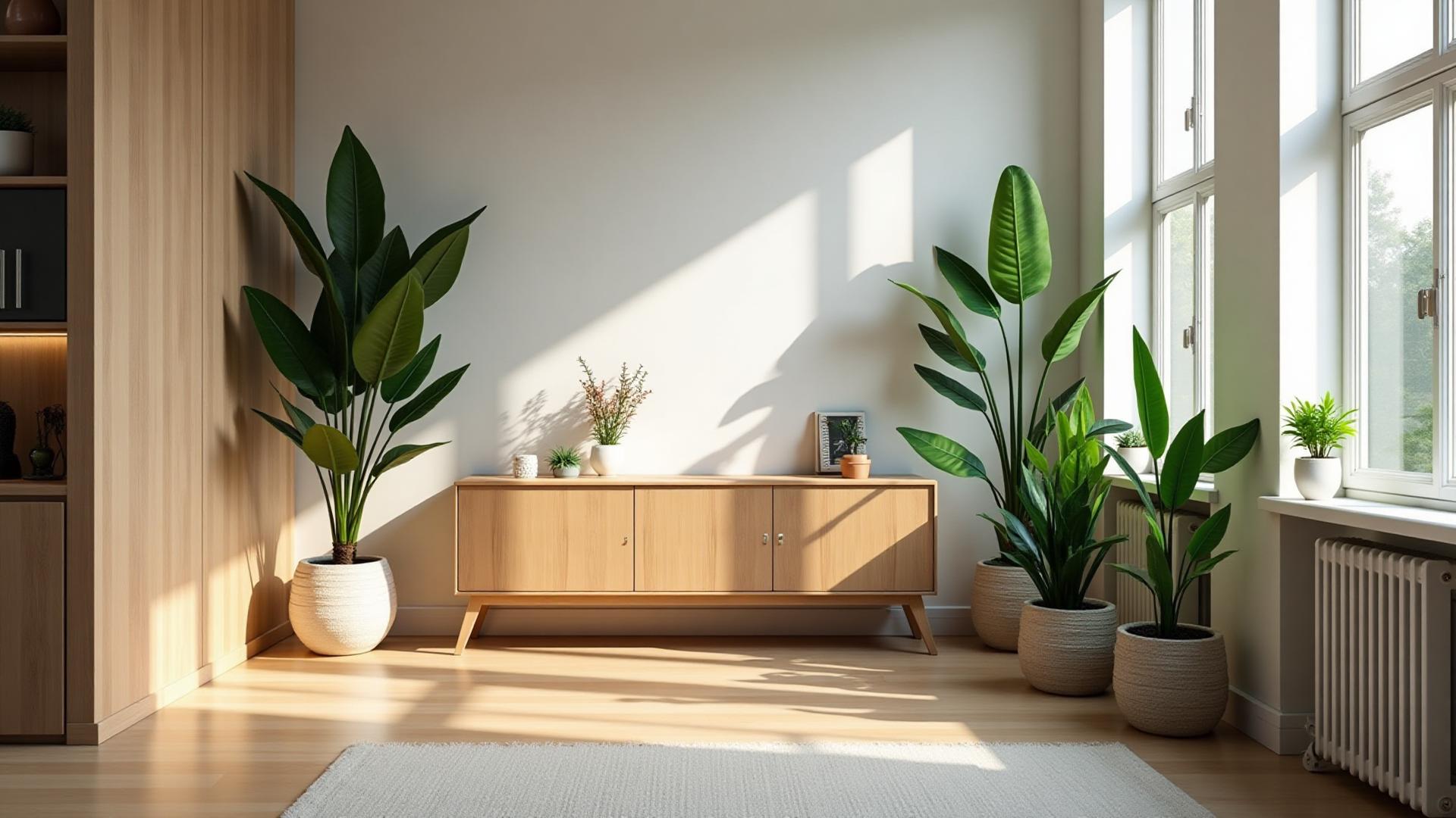 Modern styled room featuring low-maintenance plant styling for busy professionals with soft natural lighting and neutral decor