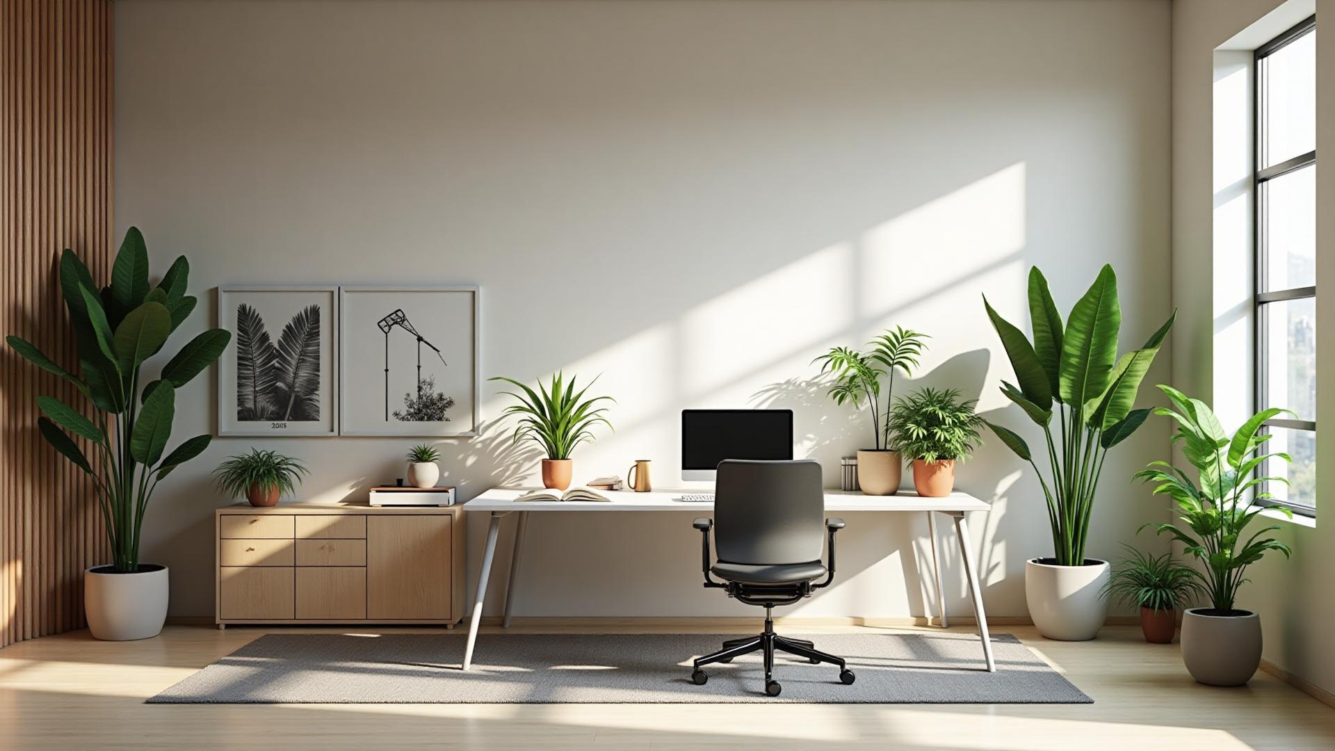 Modern office workspace featuring top faux plant picks for 2025 trends