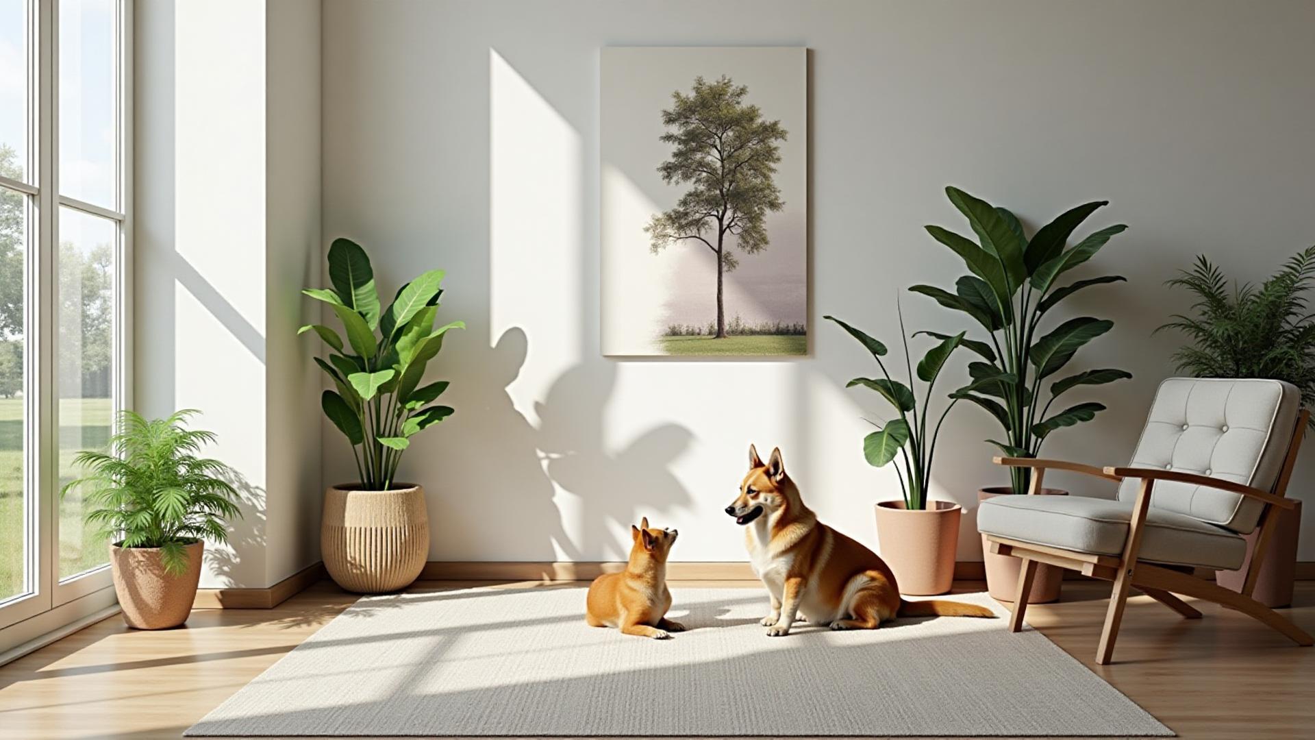 Modern room with greenery, a cat and a dog