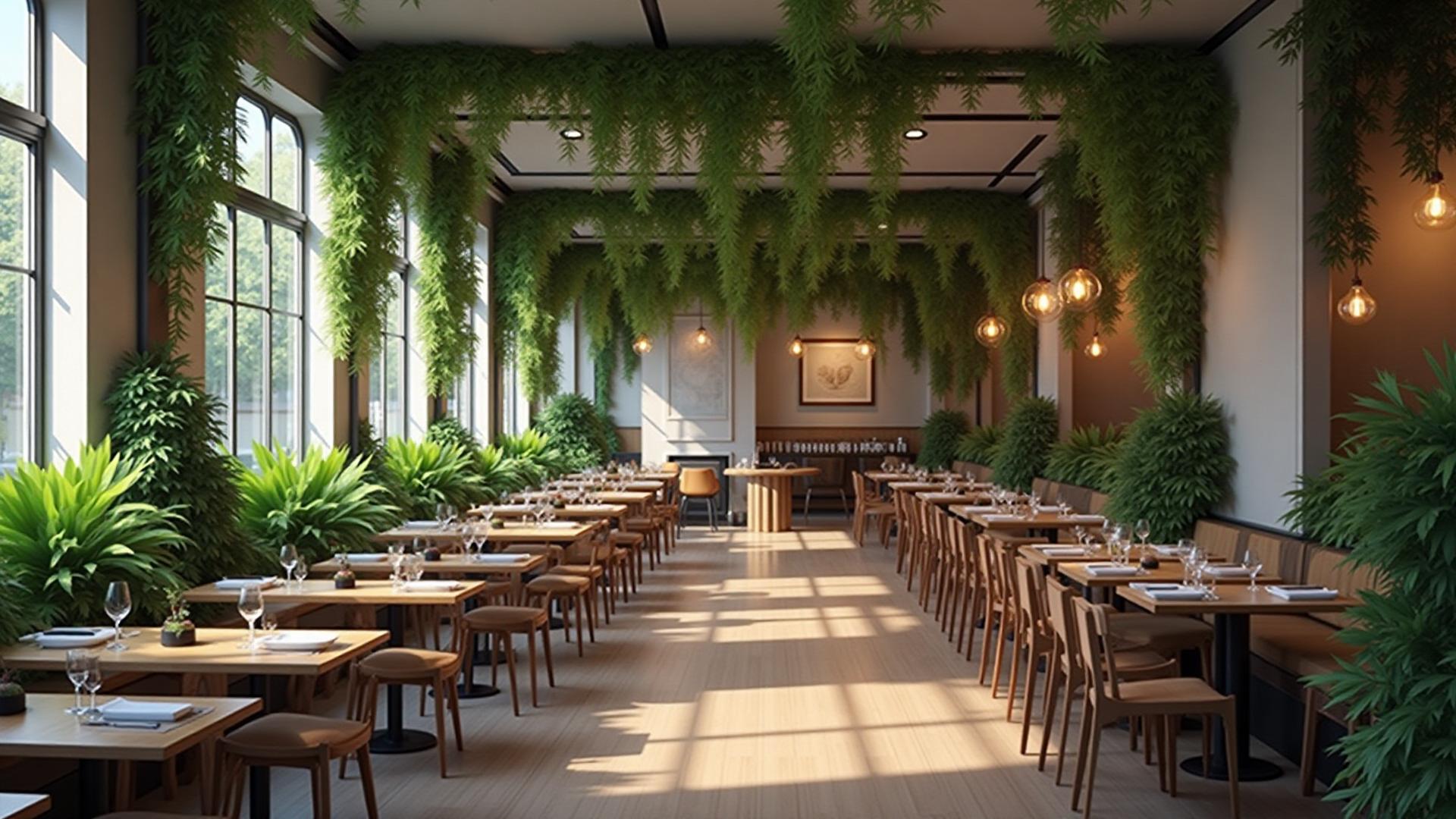 Modern restaurant interior with cascading artificial greenery and warm ambient lighting